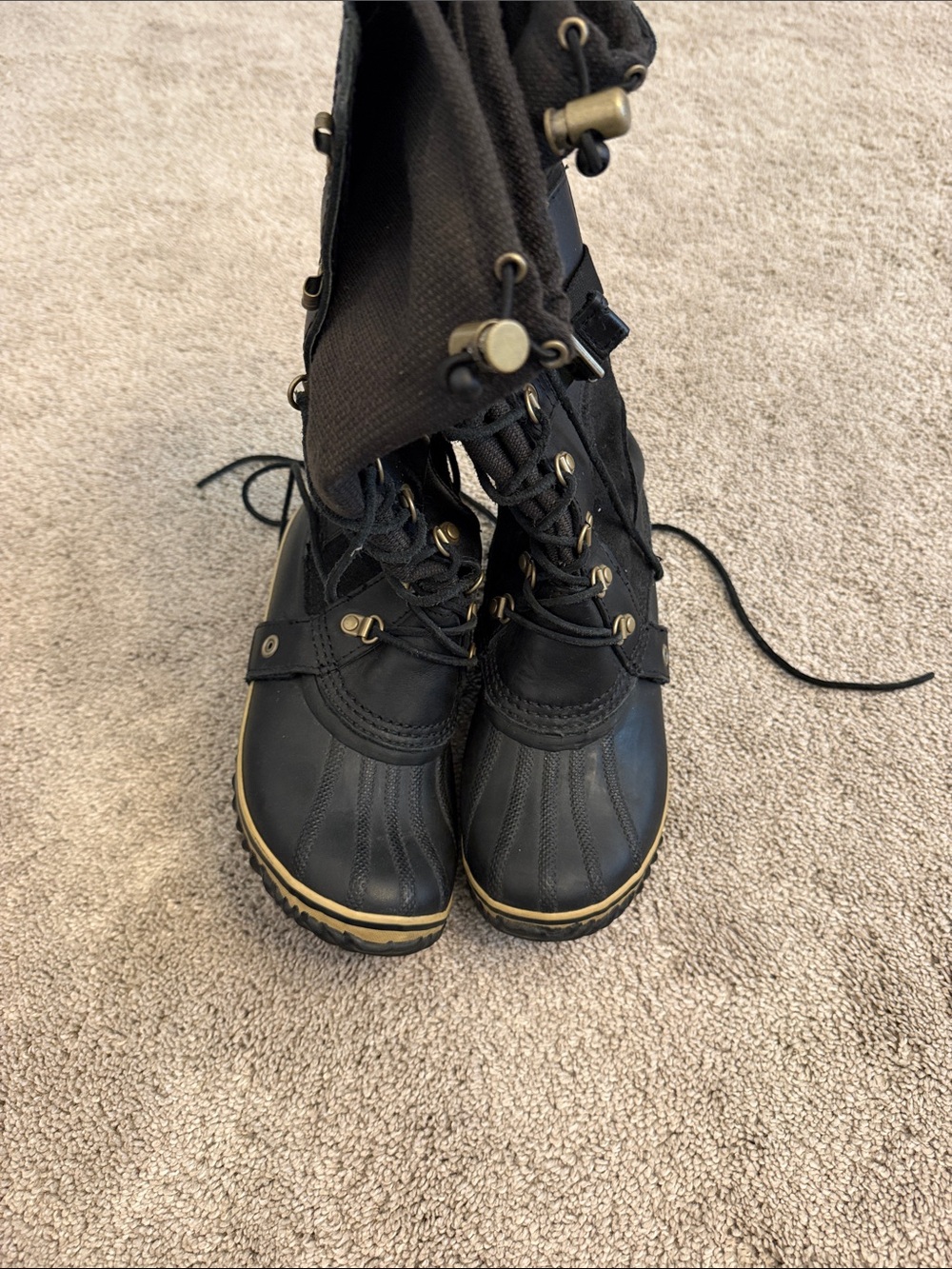 Sorel Black and Brass Lace-Up Winter Rain Boots